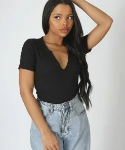 Public Desire UK KAIIA CLOTHING Knotch Front Short Sleeve Ribbed Bodysuit Black