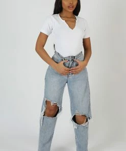 Public Desire UK KAIIA CLOTHING Knotch Front Short Sleeve Ribbed Bodysuit White