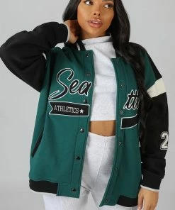 Public Desire UK KAIIA CLOTHING Seattle Varsity Jacket Forest Green