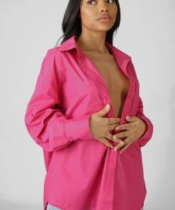 Public Desire UK Oversized Pocket Poplin Shirt Pink KAIIA CLOTHING