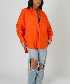 Public Desire UK Oversized Pocket Poplin Shirt Orange KAIIA CLOTHING