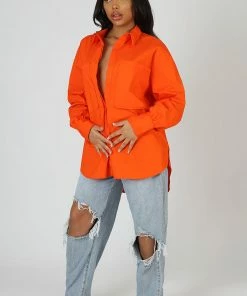 Public Desire UK Oversized Pocket Poplin Shirt Orange KAIIA CLOTHING