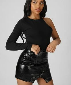 Public Desire UK One Sleeve Asymmetric Bodysuit Black