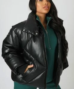 Public Desire UK KAIIA CLOTHING Pu Quilted Puffer Jacket Black