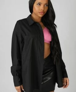 Public Desire UK Oversized Pocket Poplin Shirt Black