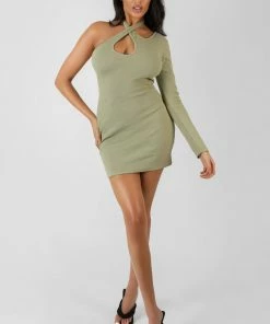 Public Desire UK One Sleeve Cross Strap Asymmetric Mini Dress Sage KAIIA CLOTHING