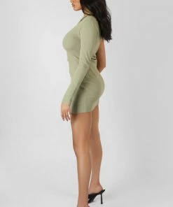 Public Desire UK One Sleeve Cross Strap Asymmetric Mini Dress Sage KAIIA CLOTHING
