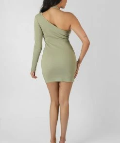 Public Desire UK One Sleeve Cross Strap Asymmetric Mini Dress Sage KAIIA CLOTHING