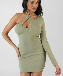Public Desire UK One Sleeve Cross Strap Asymmetric Mini Dress Sage KAIIA CLOTHING