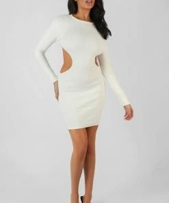 Public Desire UK Ribbed Cut Out Waist Dress Ivory