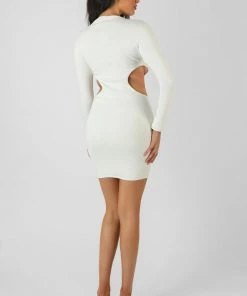 Public Desire UK Ribbed Cut Out Waist Dress Ivory