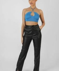 Public Desire UK Blue Cut Out Halterneck Crop Top