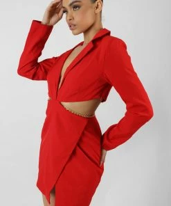 Public Desire UK Cut Out Chain Waist Blazer Dress Red KAIIA CLOTHING