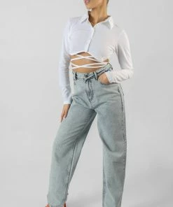 Public Desire UK Strappy Tie Waist Cropped Polo Shirt White KAIIA CLOTHING