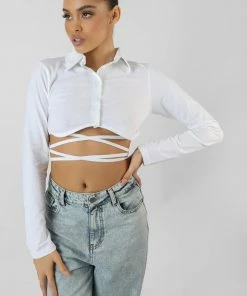 Public Desire UK Strappy Tie Waist Cropped Polo Shirt White KAIIA CLOTHING