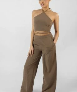 Public Desire UK High Waist Wide Leg Trouser Taupe