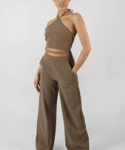 Public Desire UK KAIIA CLOTHING Halterneck Waist Strapping Crop Top Taupe