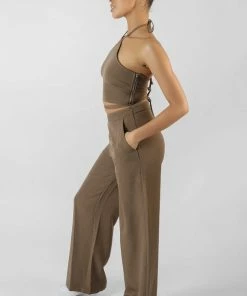 Public Desire UK KAIIA CLOTHING Halterneck Waist Strapping Crop Top Taupe