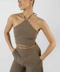 Public Desire UK KAIIA CLOTHING Halterneck Waist Strapping Crop Top Taupe