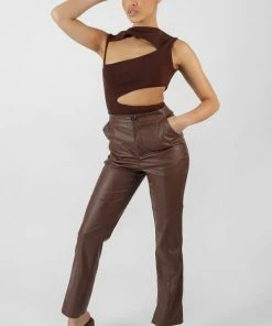 Public Desire UK Pu Seam Front Split Detail Trousers Chocolate