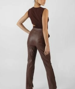 Public Desire UK Pu Seam Front Split Detail Trousers Chocolate
