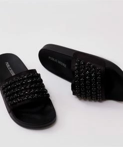 Public Desire UK Bounce Black Diamante Sliders In Black