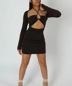 Public Desire UK KAIIA CLOTHING Slinky Ruch Bust Cut Out Long Sleeved Dress Chocolate