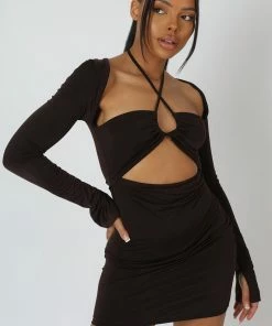 Public Desire UK KAIIA CLOTHING Slinky Ruch Bust Cut Out Long Sleeved Dress Chocolate
