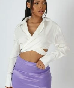 Public Desire UK KAIIA CLOTHING Wrap Waist Poplin Shirt White