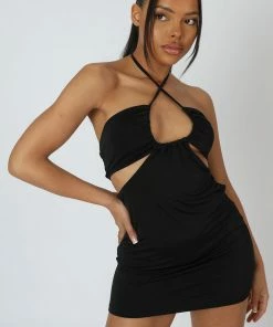 Public Desire UK Slinky Loop Ruching Sleeveless Mini Dress Black KAIIA CLOTHING