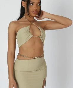 Public Desire UK KAIIA CLOTHING Loop Ruching Chain Strap Bra Top Sage