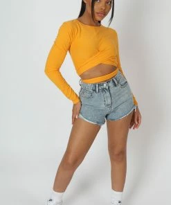 Public Desire UK Long Sleeve Wrap Waist Crop Top Mango KAIIA CLOTHING