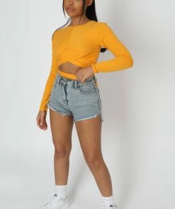 Public Desire UK Long Sleeve Wrap Waist Crop Top Mango KAIIA CLOTHING