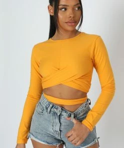Public Desire UK Long Sleeve Wrap Waist Crop Top Mango KAIIA CLOTHING