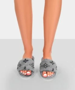 Public Desire UK NEW IN Dopey Grey Pattern Faux Fur Slider Slippers