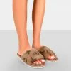 Public Desire UK NEW IN Dopey Beige Pattern Faux Fur Slider Slippers