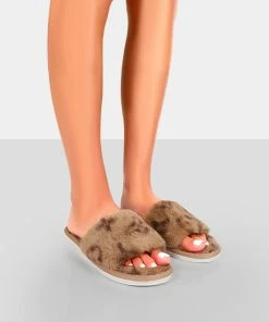 Public Desire UK NEW IN Dopey Beige Pattern Faux Fur Slider Slippers