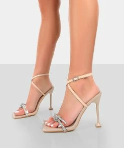 Public Desire UK Glitter Nude Wrap Around Diamante Bow Square Toe Heels NEW IN