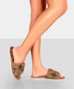 Public Desire UK NEW IN Dopey Beige Pattern Faux Fur Slider Slippers