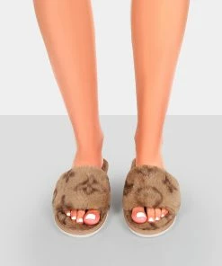 Public Desire UK NEW IN Dopey Beige Pattern Faux Fur Slider Slippers