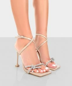 Public Desire UK Glitter Nude Wrap Around Diamante Bow Square Toe Heels NEW IN