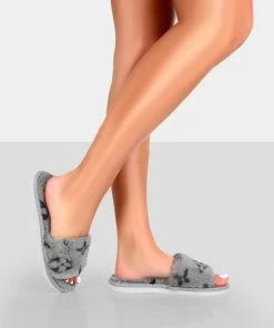 Public Desire UK NEW IN Dopey Grey Pattern Faux Fur Slider Slippers
