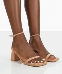 Public Desire UK NEW IN Lane Wide Fit Nude Pu Strappy Mid Block Heeled Sandals