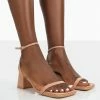 Public Desire UK NEW IN Lane Nude Raffia Strappy Mid Block Heeled Sandals