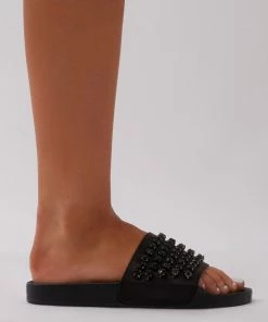 Public Desire UK Bounce Black Diamante Sliders In Black