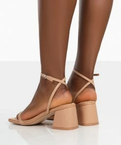 Public Desire UK NEW IN Lane Wide Fit Nude Pu Strappy Mid Block Heeled Sandals