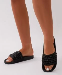 Public Desire UK Bounce Black Diamante Sliders In Black