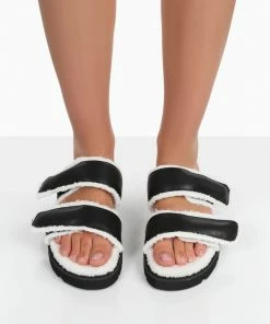 Public Desire UK NEW IN Rinc Black Pu Faux Fur Slide Sandals