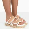 Public Desire UK NEW IN Rinc Nude Pu Faux Fur Slide Sandals