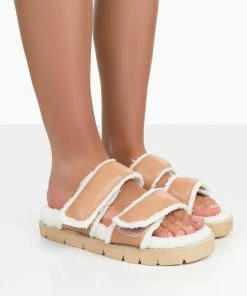 Public Desire UK NEW IN Rinc Nude Pu Faux Fur Slide Sandals